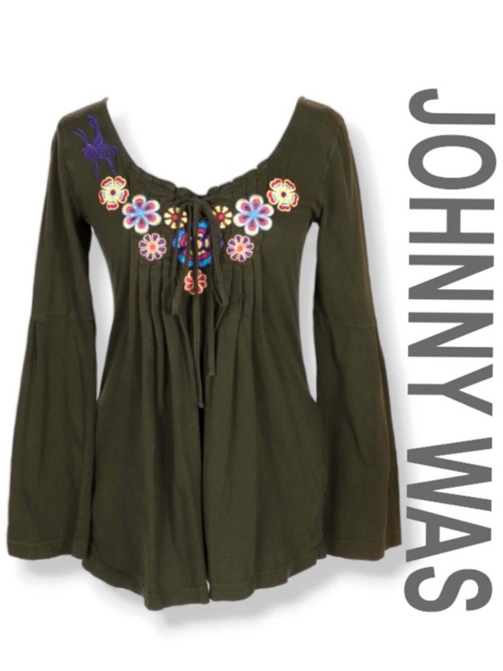 Johnny Was JWLA Brown Floral Embroidered Top Boho Womens Size Small
